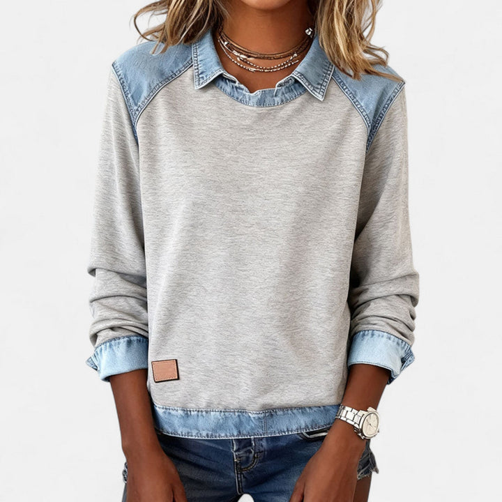 Felpa da donna senza sforzo in denim patchwork con colletto, maniche lunghe raglan e stile casual rilassato