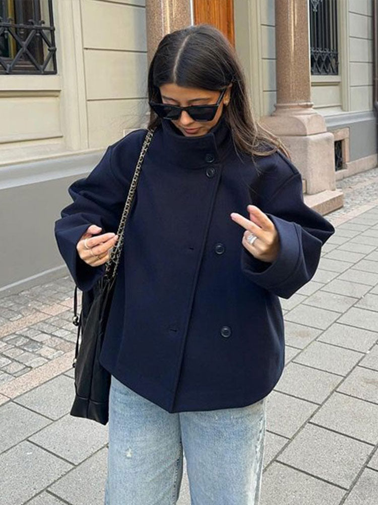 Elegant Wool Jacket for Women with Funnel Neck Long Sleeve Oversized Cropped Casual Style