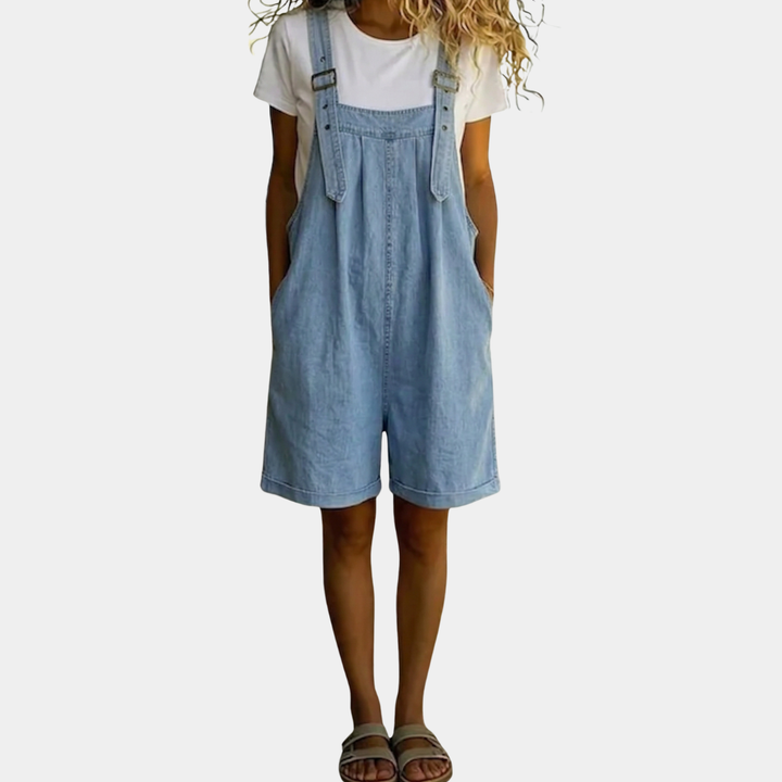 Salopette Corta in Denim da Donna Vintage Lavata Azzurra in Cotone