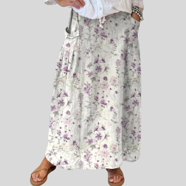 Gonna da donna vintage in lino con stampa floreale, elastico in vita e tasche