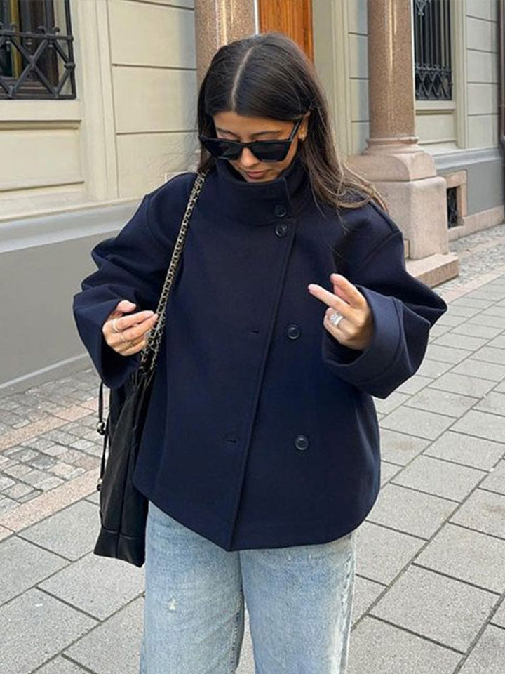 Elegant Wool Pea Coat for Women with Stand Collar Long Sleeve Oversized Button Front Winter Style