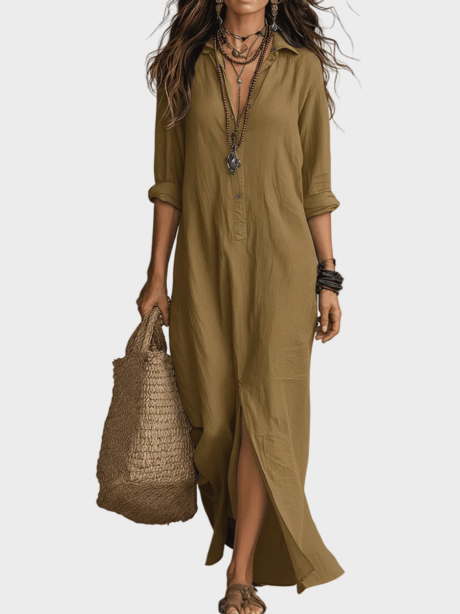 Delilah | Black Button-Front Bohemian Shirt Maxi Dress