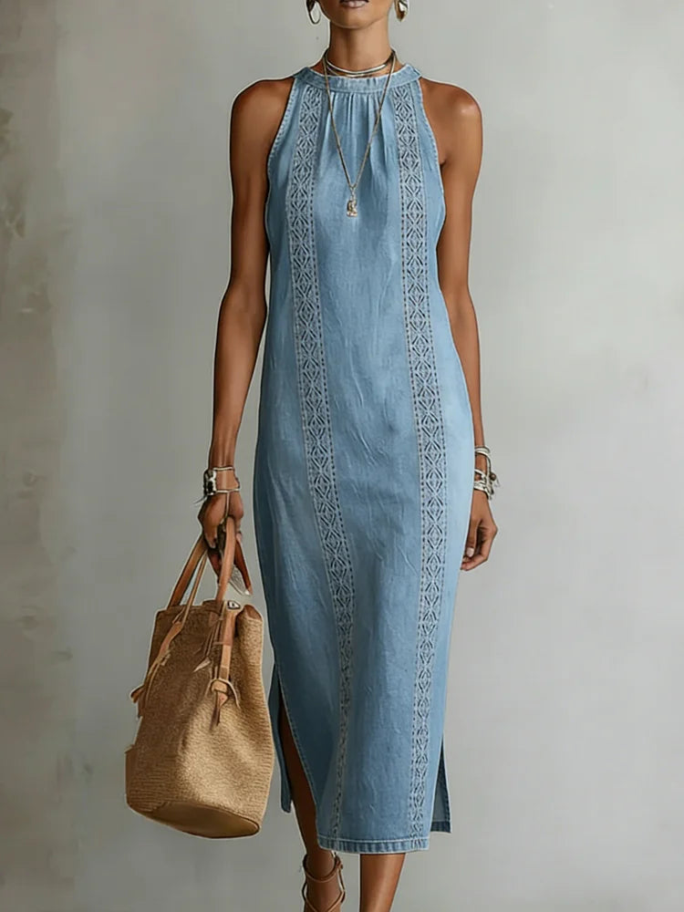 Abito in denim con dettagli in pizzo | Abito retrò abbottonato sul davanti