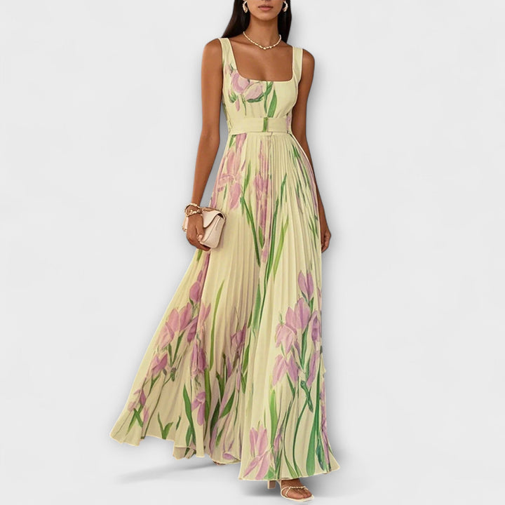 Vestito lungo in chiffon floreale drappeggiato