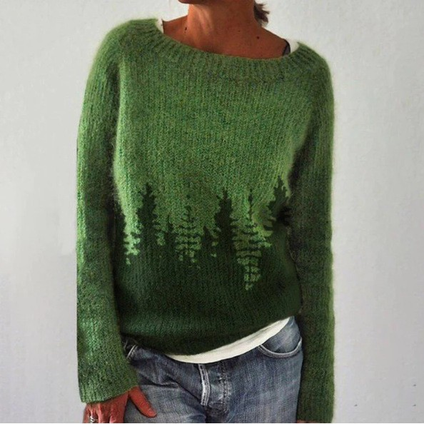 Comfortable Grey Fair Isle Sweater for Women with Crew Neck Long Sleeve Relaxed Oversized Knit Style