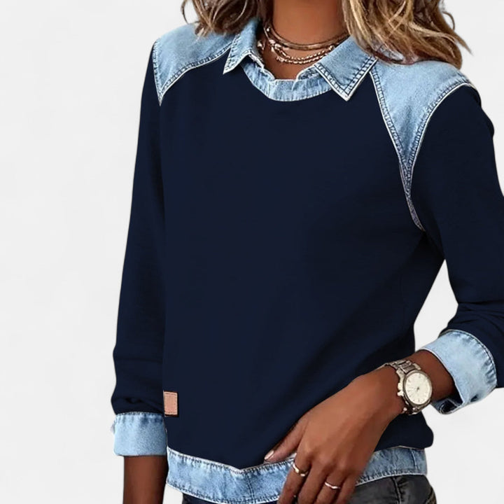 Felpa da donna senza sforzo in denim patchwork con colletto, maniche lunghe raglan e stile casual rilassato
