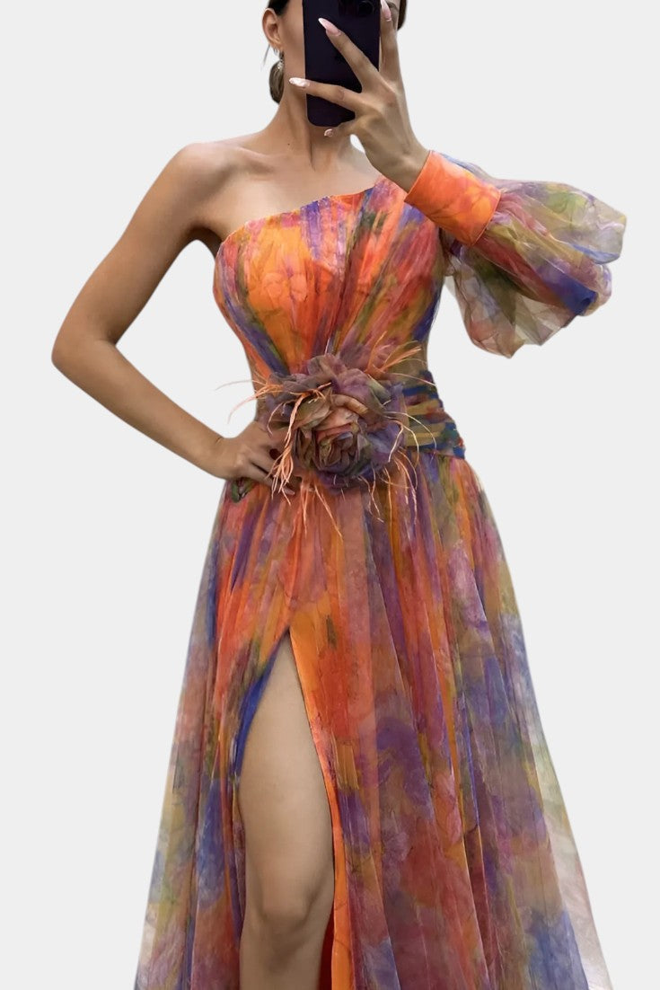 Robe longue asymétrique Amelie à épaule unique et motif artistique