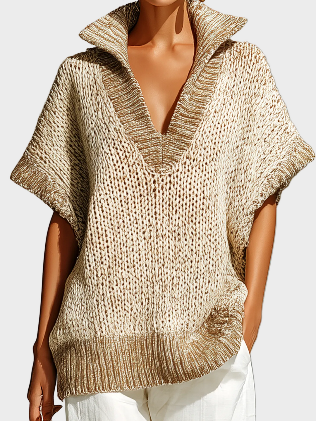 Fiona | Gilet in maglia senza maniche, modello casual colorblock beige con colletto alla coreana