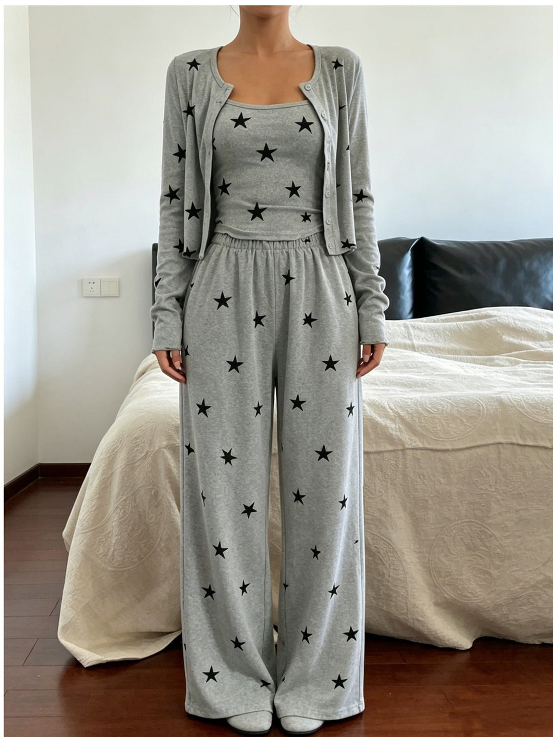 Comfortable Mixed Color Star Print Three Piece Pajama Set for Women with Round Neck Long Sleeve Cardigan Wide Leg Pant Relaxed Style