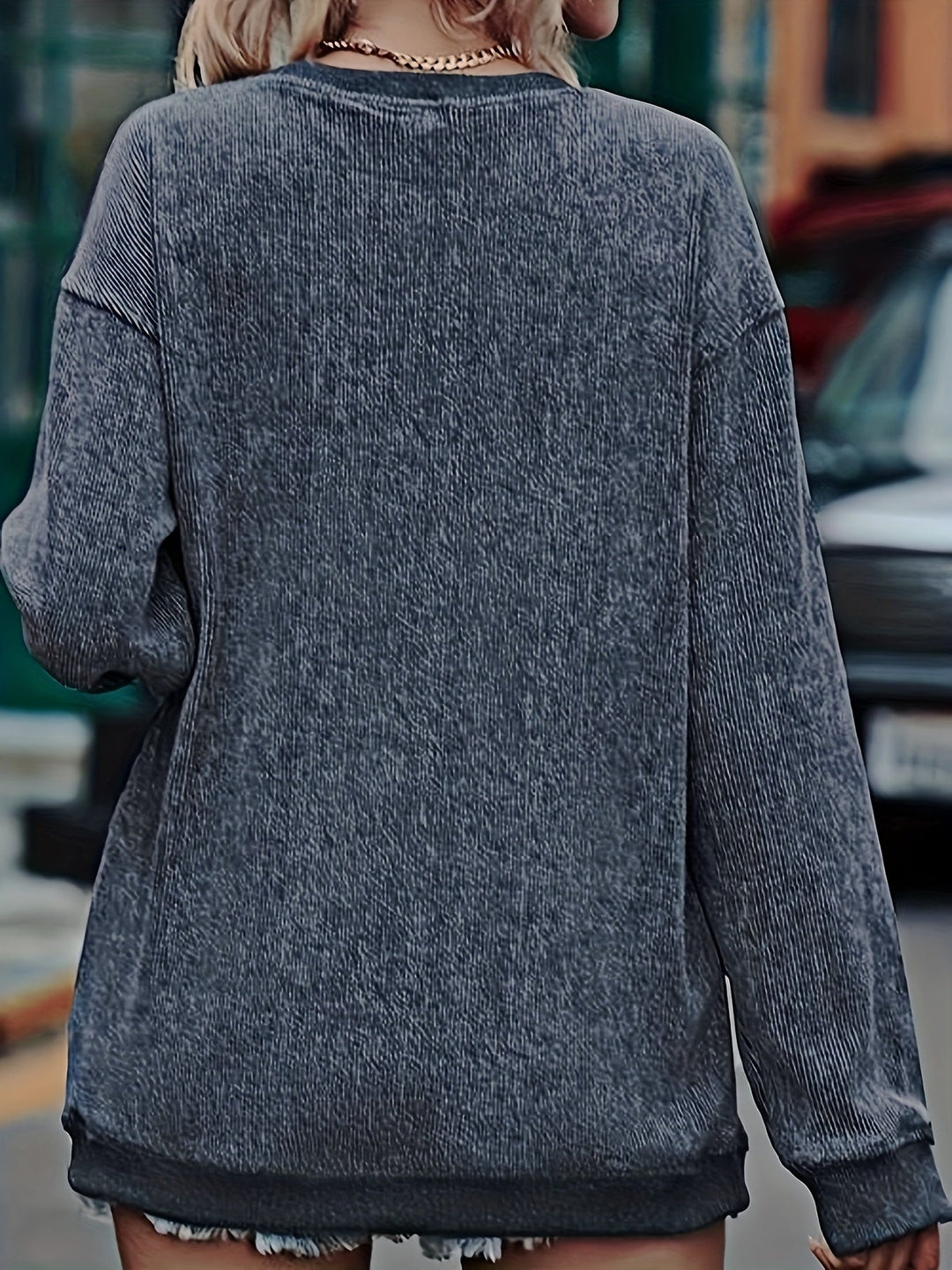 Comfortable Dark Gray Corduroy Christmas Sweater for Women with Crew Neck Long Sleeve Sequin Santa Oversized Knit Style