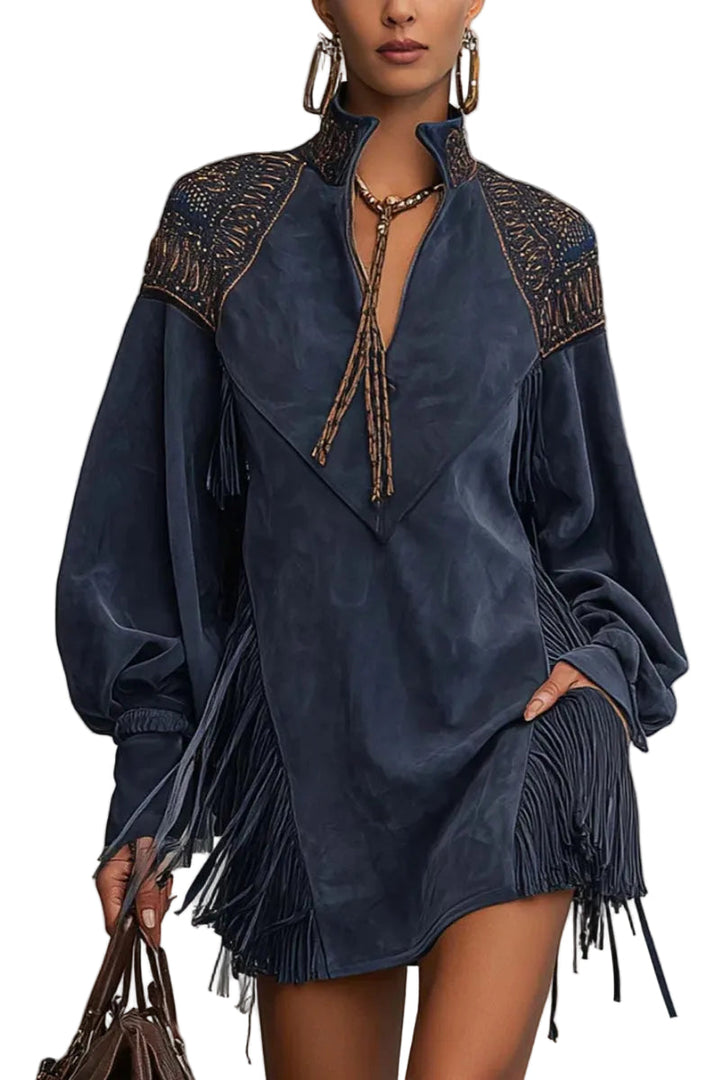 Renata -  Indigo Faux Suede Embroidered Tassel Mini Dress