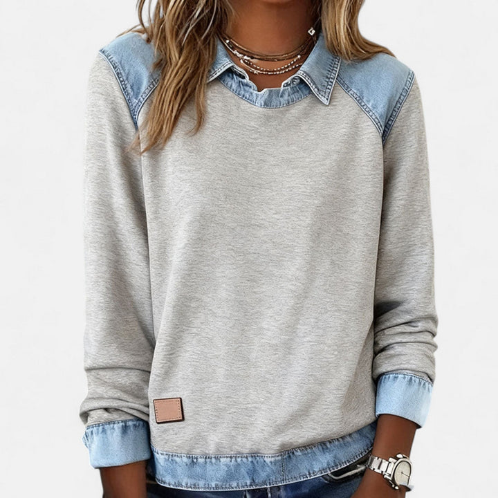 Felpa da donna senza sforzo in denim patchwork con colletto, maniche lunghe raglan e stile casual rilassato