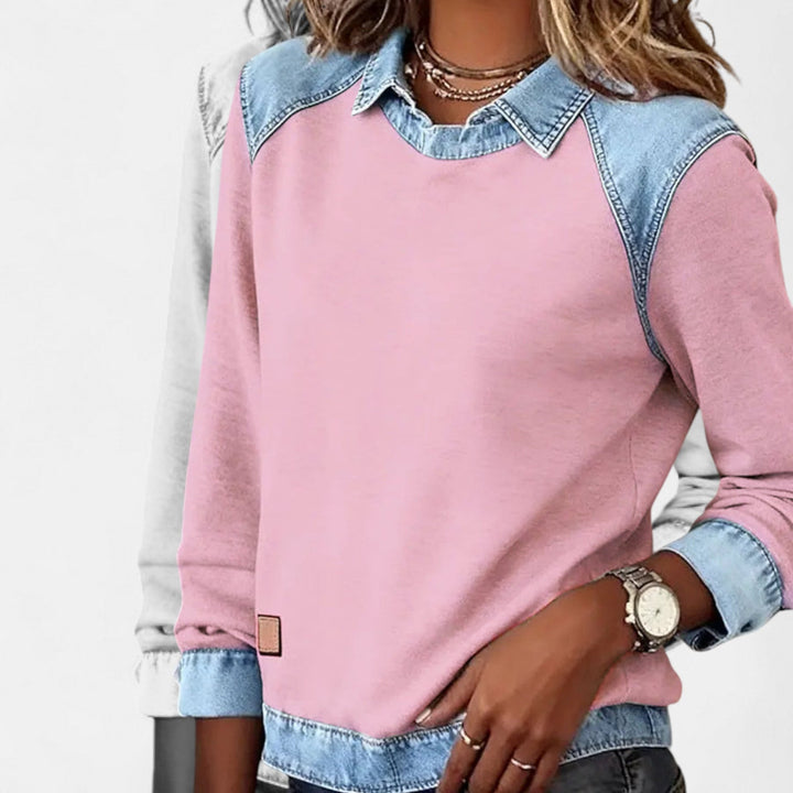 Felpa da donna senza sforzo in denim patchwork con colletto, maniche lunghe raglan e stile casual rilassato