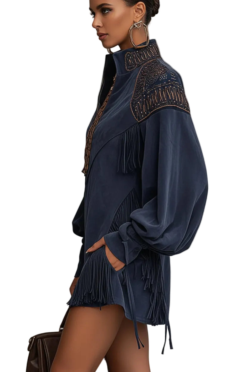 Renata -  Indigo Faux Suede Embroidered Tassel Mini Dress
