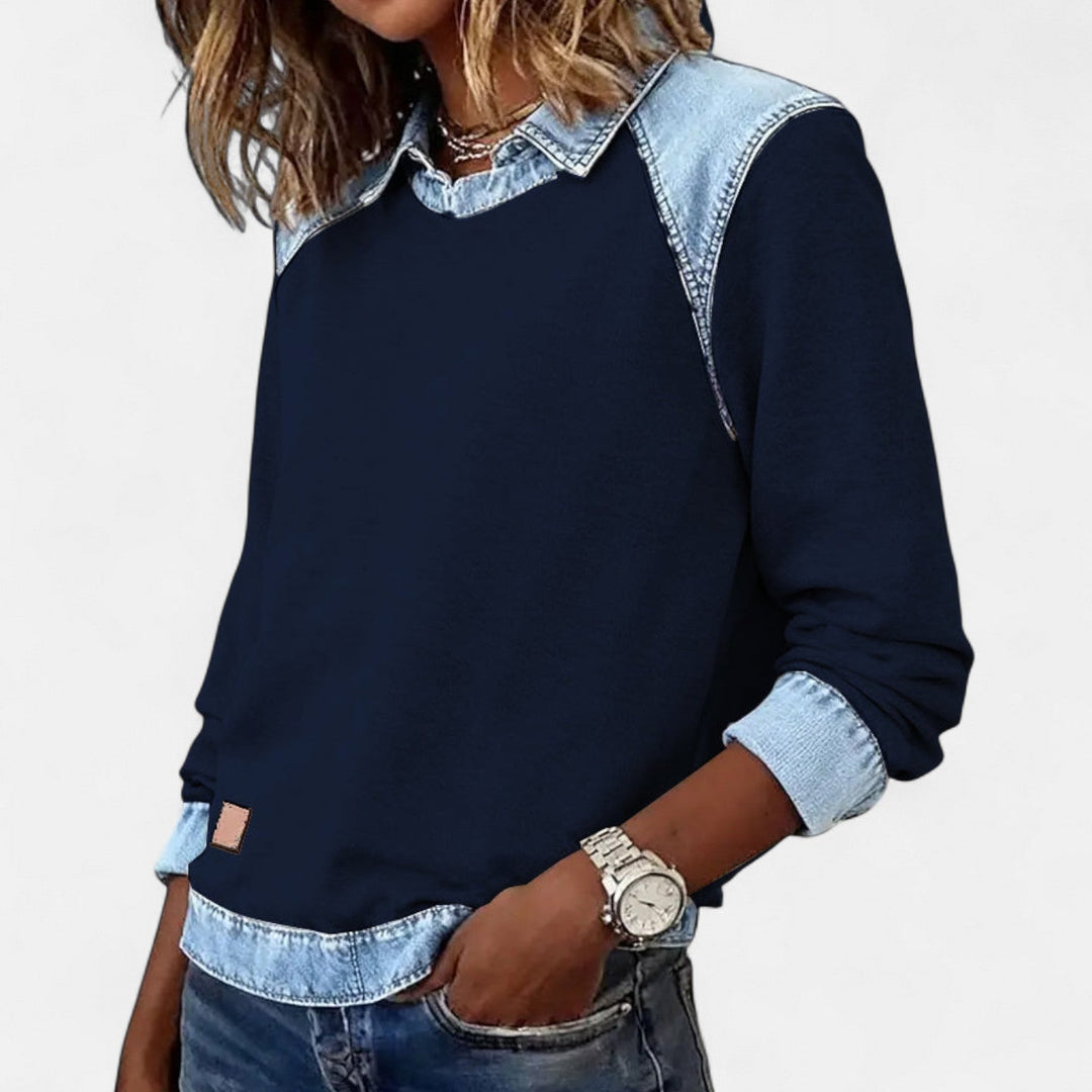 Felpa da donna senza sforzo in denim patchwork con colletto, maniche lunghe raglan e stile casual rilassato