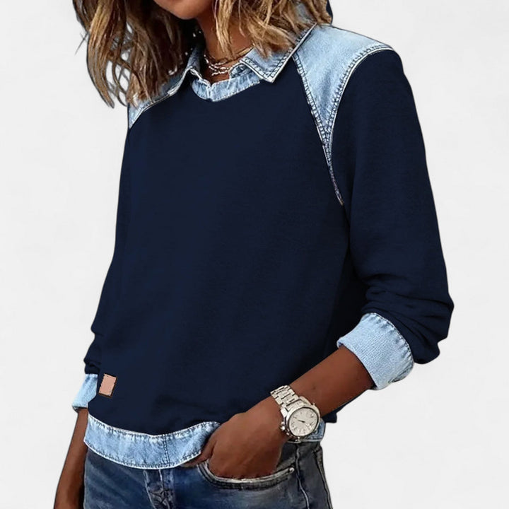 Felpa da donna senza sforzo in denim patchwork con colletto, maniche lunghe raglan e stile casual rilassato