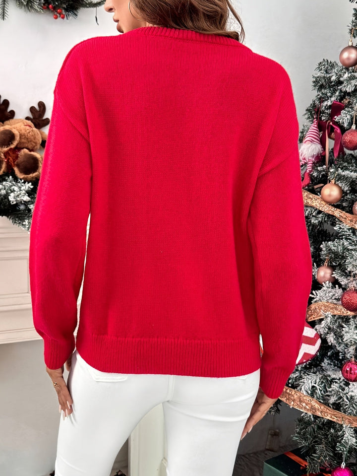 Comfortable Red Sequin Christmas Sweater for Women with Crew Neck Long Sleeve Sequin Santa Oversized Knit Style