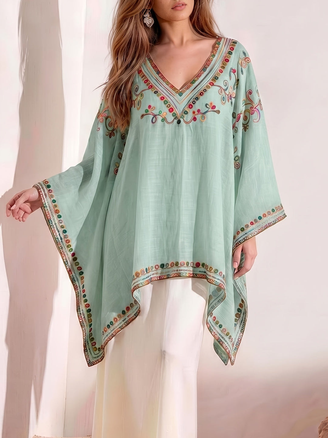 Effortless Poncho Shirt for Women with V Neck Embroidered Trim Draped Kaftan Style