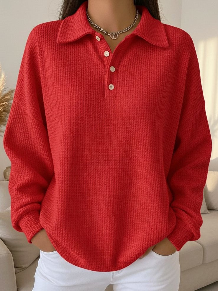 Comfortable Waffle Knit Sweatshirt for Women with Collar Long Sleeve Button Placket Oversized Style