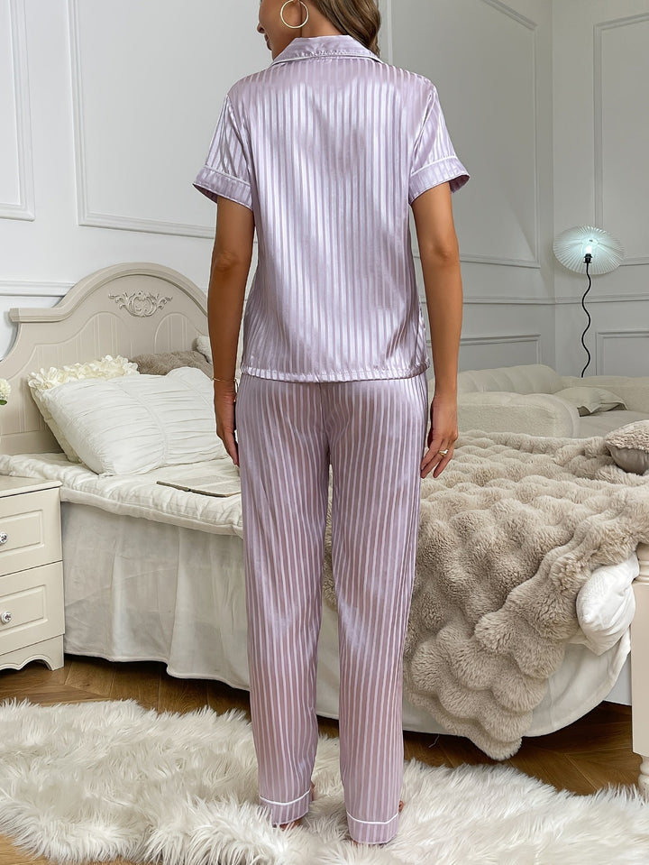 Comfortable Light Purple Pajamas for Women with Satin Stripe Collar Short Sleeve