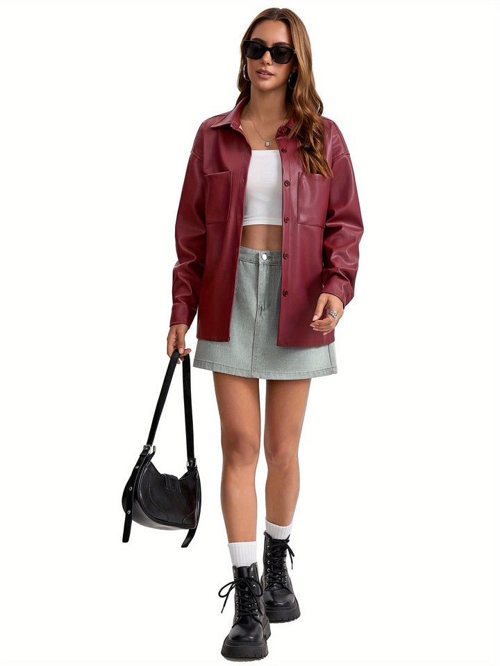 Effortless Leather Jacket for Women with Button Front Collared Oversized Shacket Style