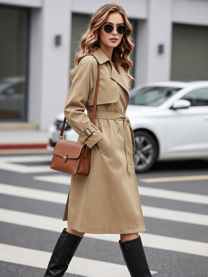 Elegant Khaki Trench Coat for Women with Lapel Collar Belted Waist Double Breasted Style