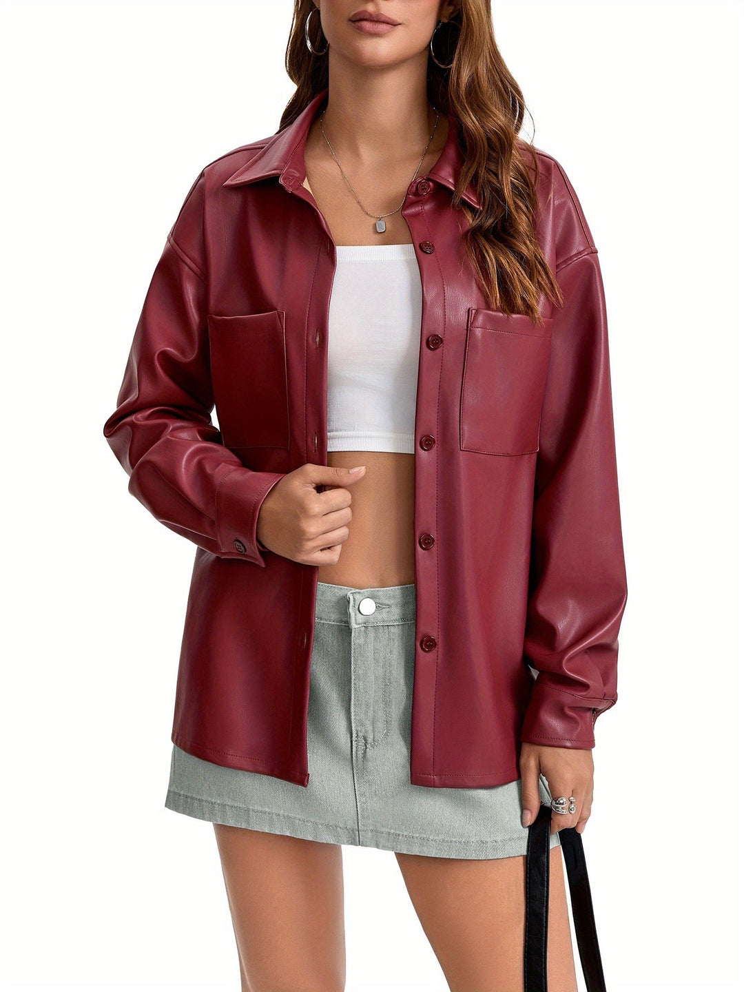 Effortless Leather Jacket for Women with Button Front Collared Oversized Shacket Style