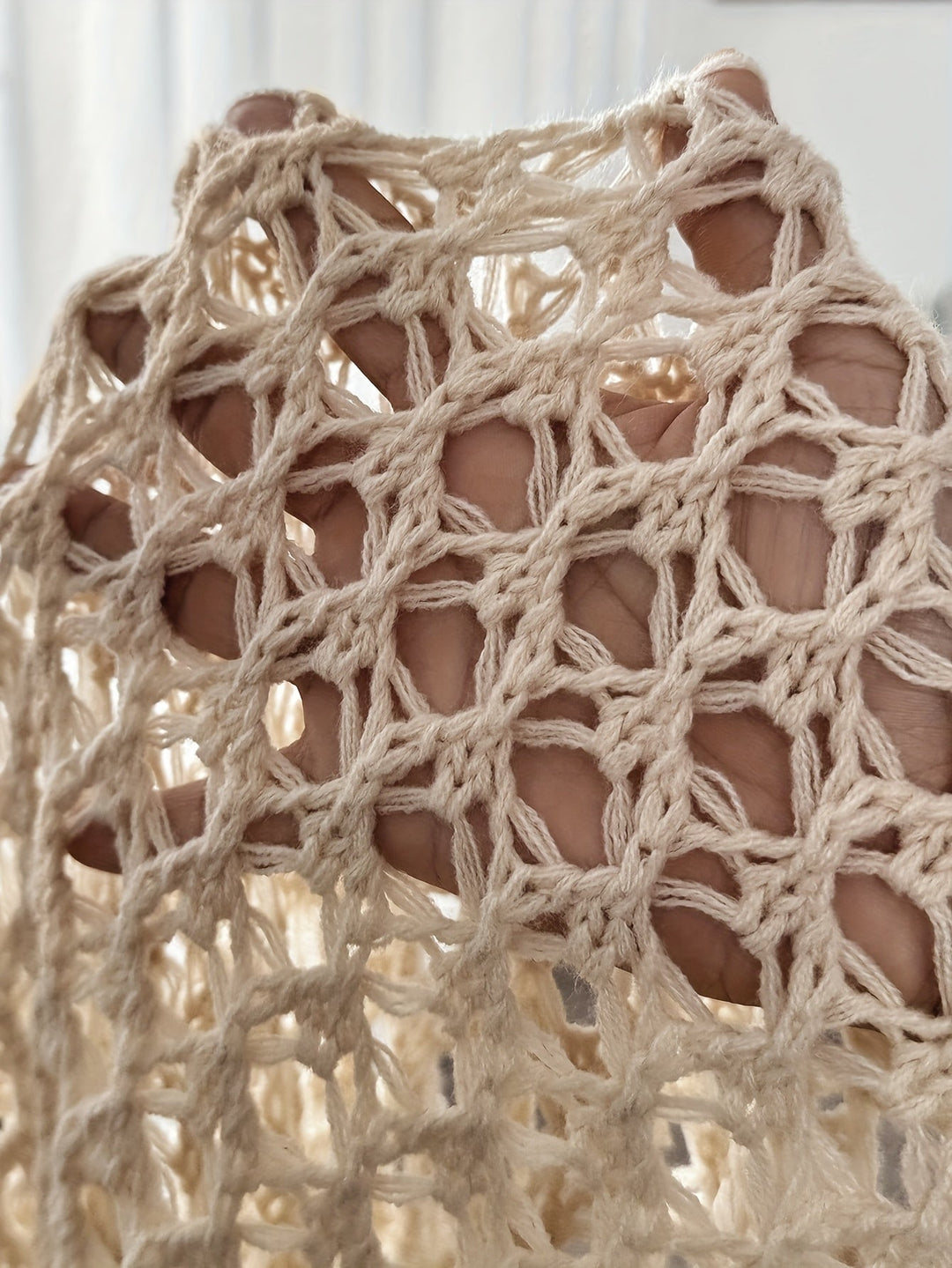 Effortless Beige Crochet Cardigan for Women with Open Front Batwing Sleeve Waterfall Hem Bohemian Style