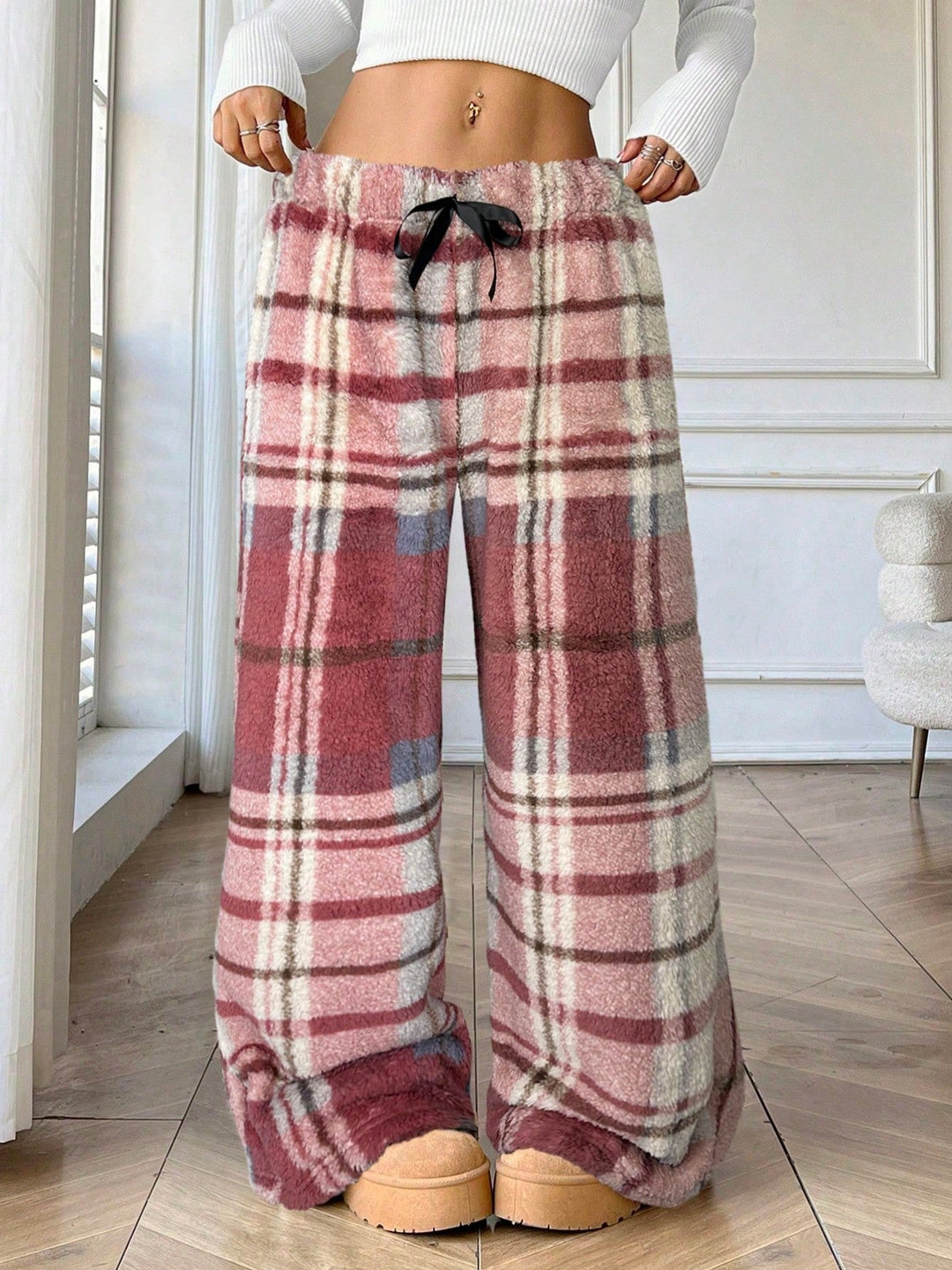 Cozy Plaid Wide Leg Sweatpants for Women with Drawstring Waist Plush Fleece Lounge Style