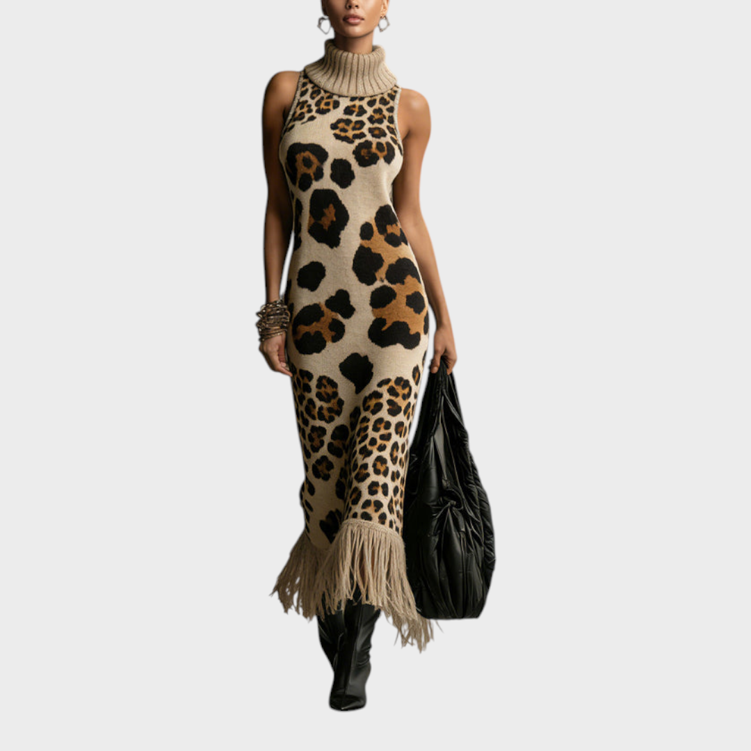 Shannon | Abito lungo in maglia con stampa leopardata irregolare marrone