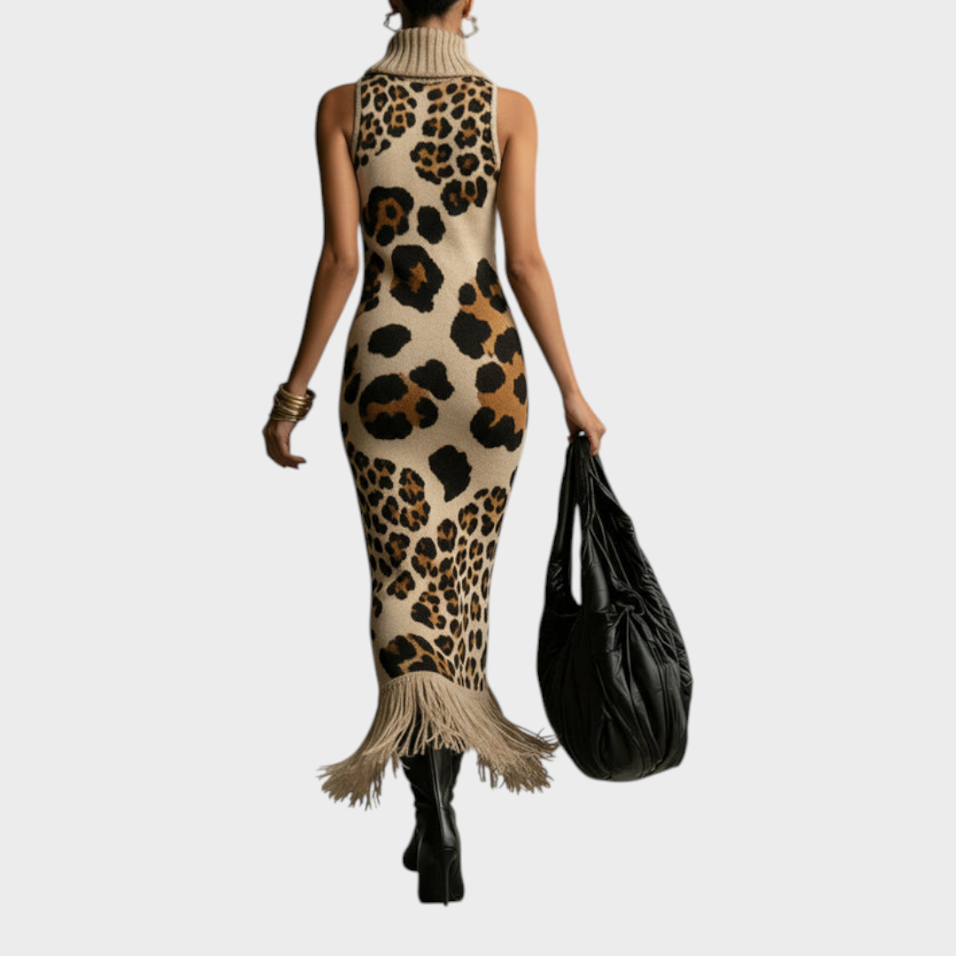 Shannon | Abito lungo in maglia con stampa leopardata irregolare marrone