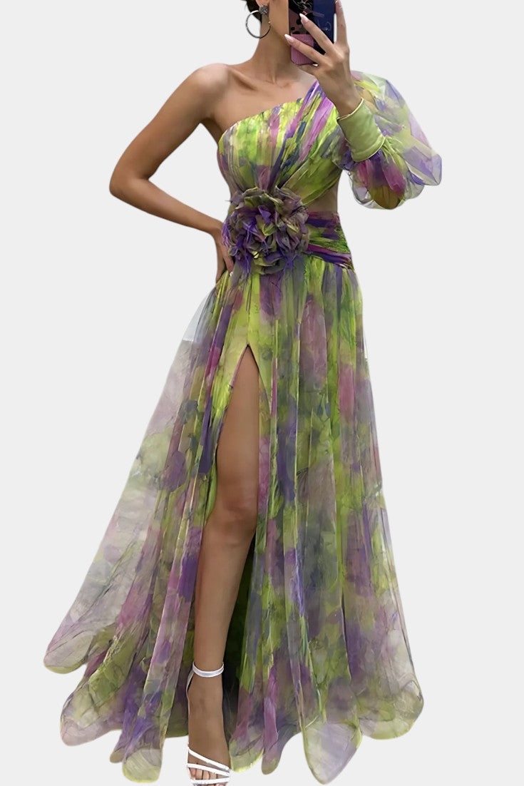Robe longue asymétrique Amelie à épaule unique et motif artistique