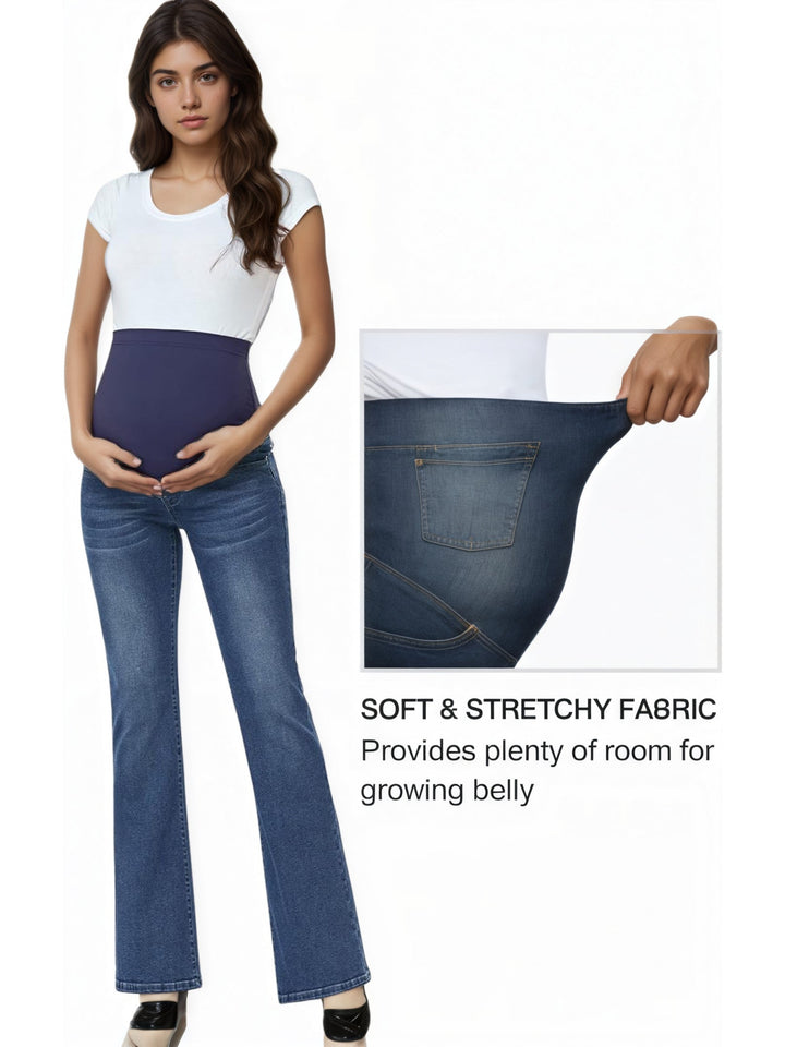 Effortless Denim Maternity Jeans for Women with Belly Panel Flare Leg Stretch Casual Style