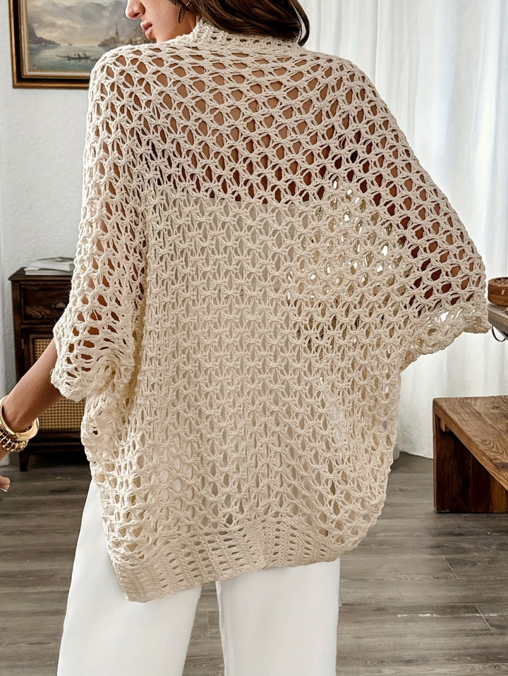 Effortless Beige Crochet Cardigan for Women with Open Front Batwing Sleeve Waterfall Hem Bohemian Style