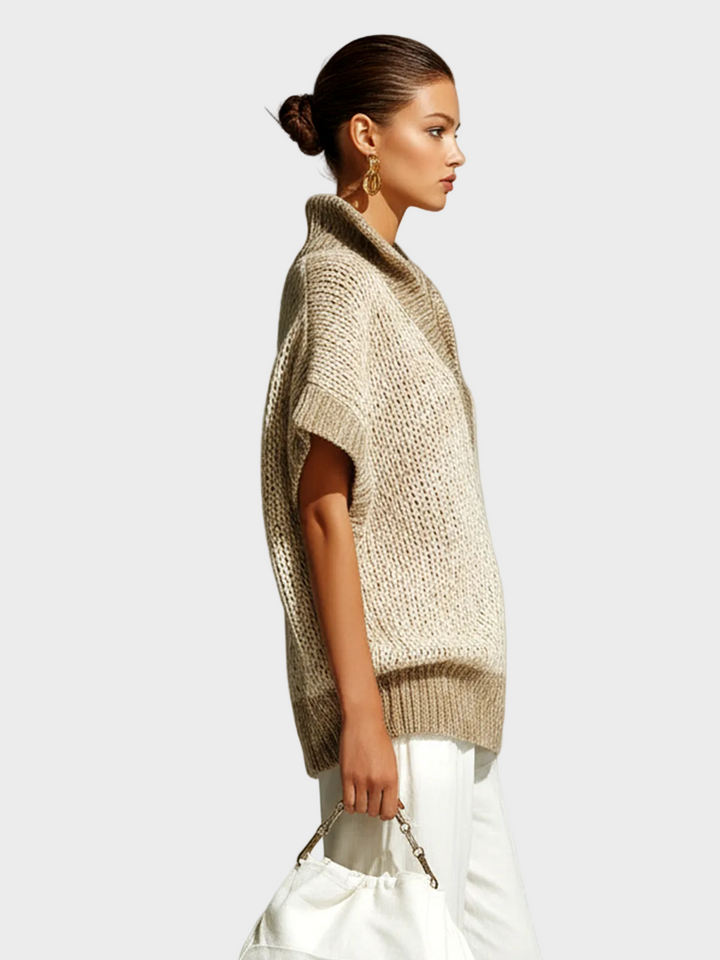 Fiona | Gilet in maglia senza maniche, modello casual colorblock beige con colletto alla coreana