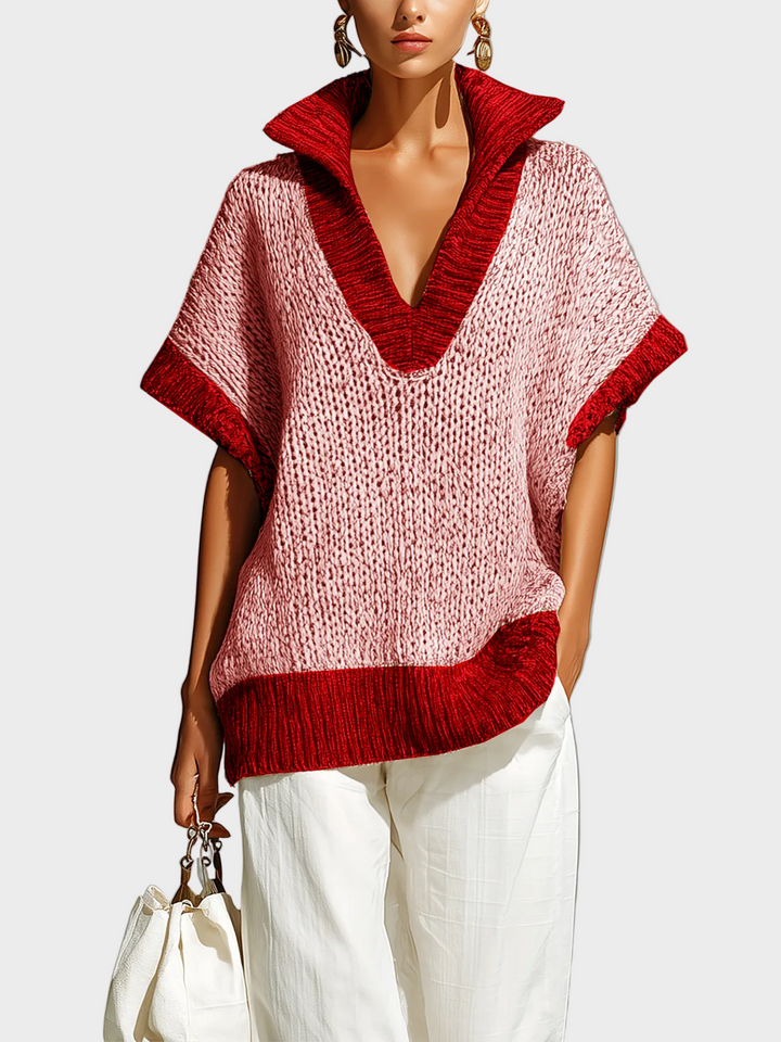 Fiona | Gilet in maglia senza maniche, modello casual colorblock beige con colletto alla coreana