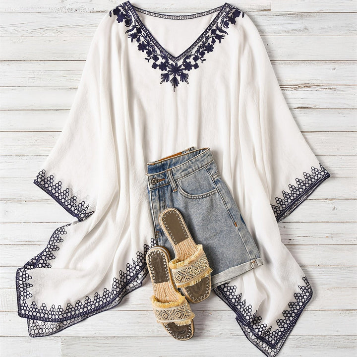 Effortless Poncho Shirt for Women with V Neck Embroidered Trim Draped Batwing Style