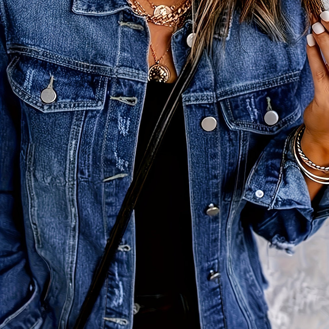 Effortless Deep Blue Distressed Jean Jacket for Women with Collar Long Sleeve Button Front Frayed Relaxed Style