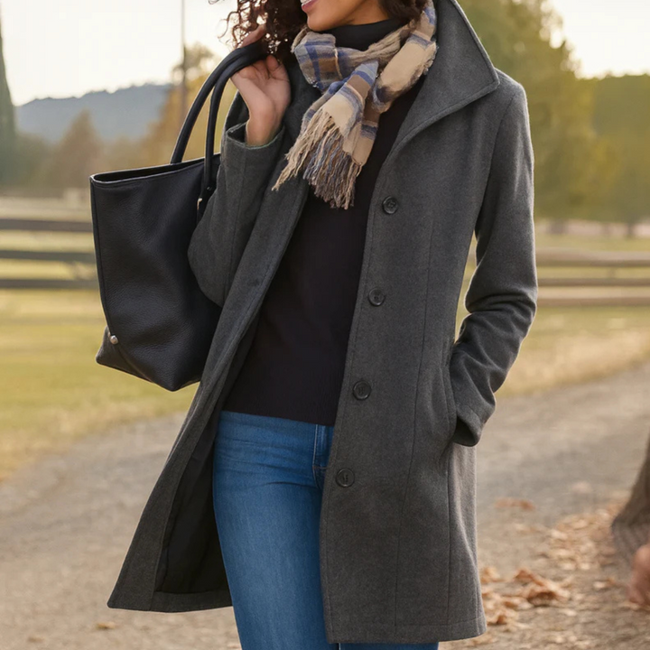 Elegant Wool Coat for Women with Notch Collar Long Sleeve Button Front Tailored Style
