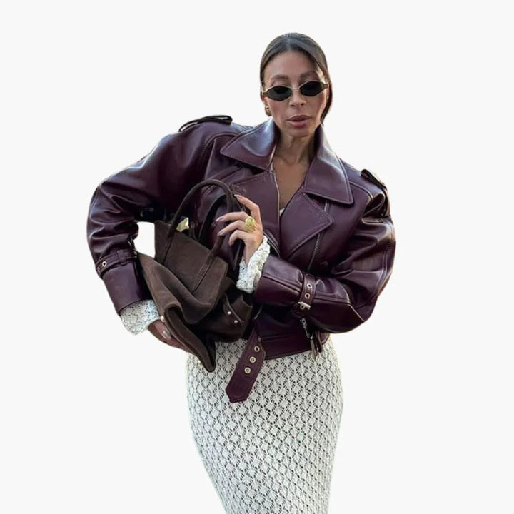 Elegant Brown Leather Jacket for Women with Notch Lapel Long Sleeve Cropped Belted Biker Style