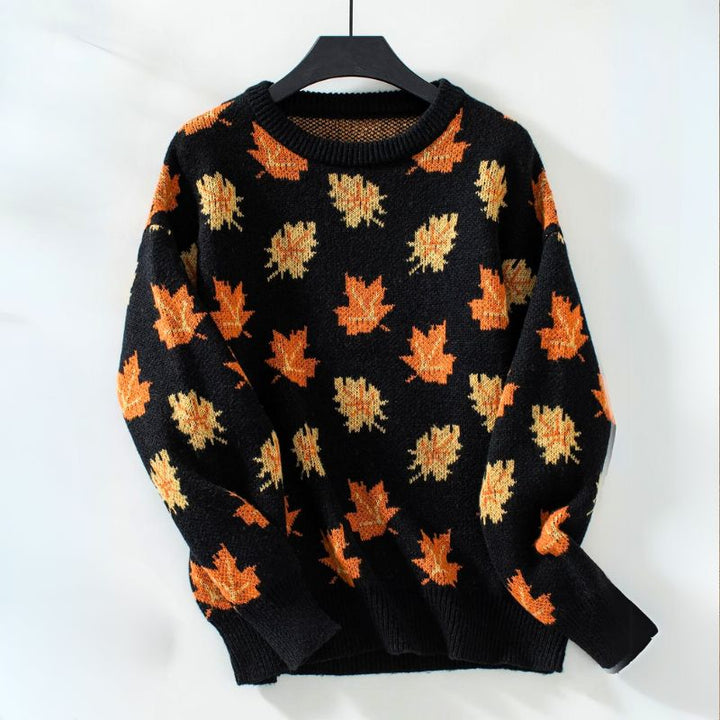 Comfortable Maple Leaf Print Sweater for Women with Crew Neck Long Sleeve Relaxed Oversized Knit Style