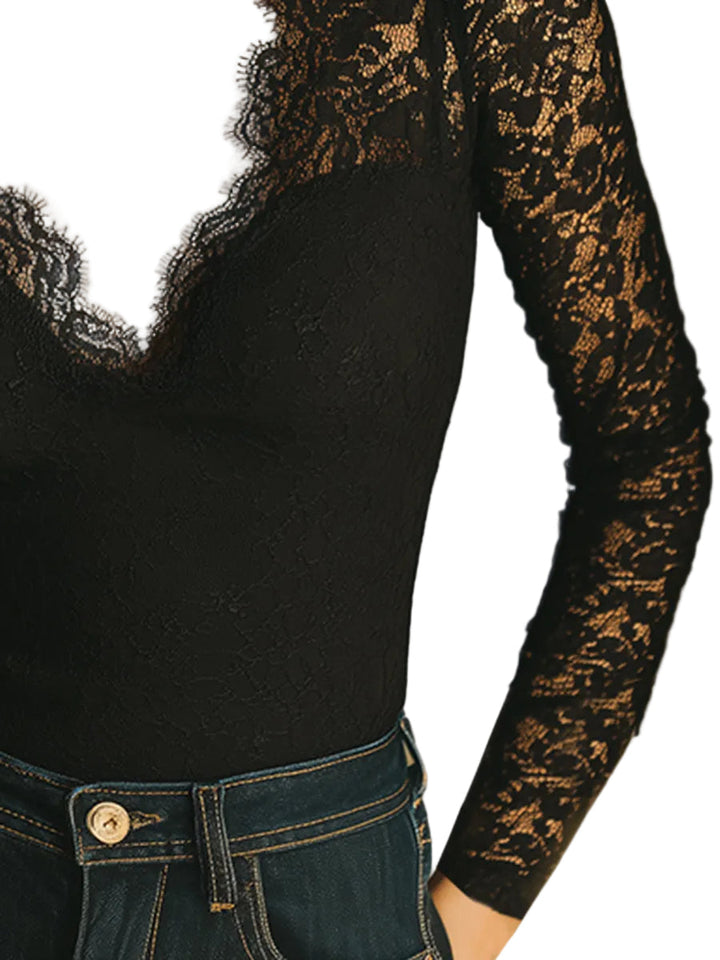 Selma - Blouse noire en dentelle avec décolleté en V, élégante et charmante