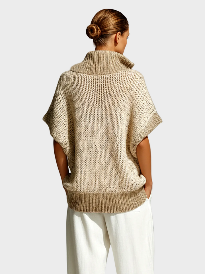 Fiona | Gilet in maglia senza maniche, modello casual colorblock beige con colletto alla coreana