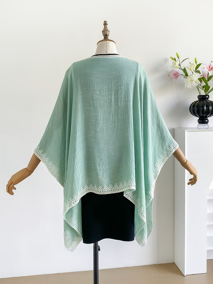 Effortless Poncho Shirt for Women with V Neck Embroidered Trim Draped Batwing Style