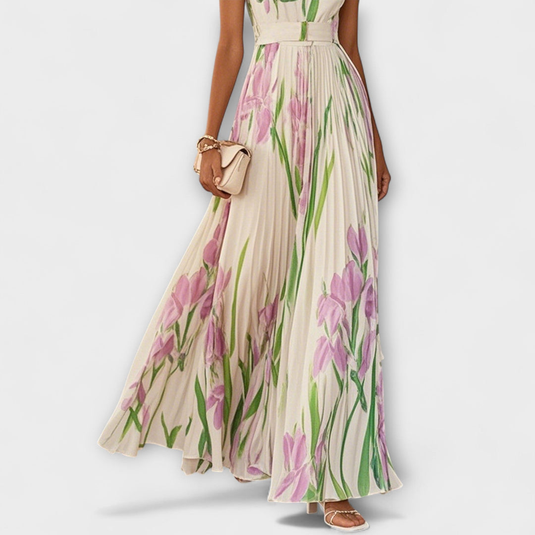 Vestito lungo in chiffon floreale drappeggiato