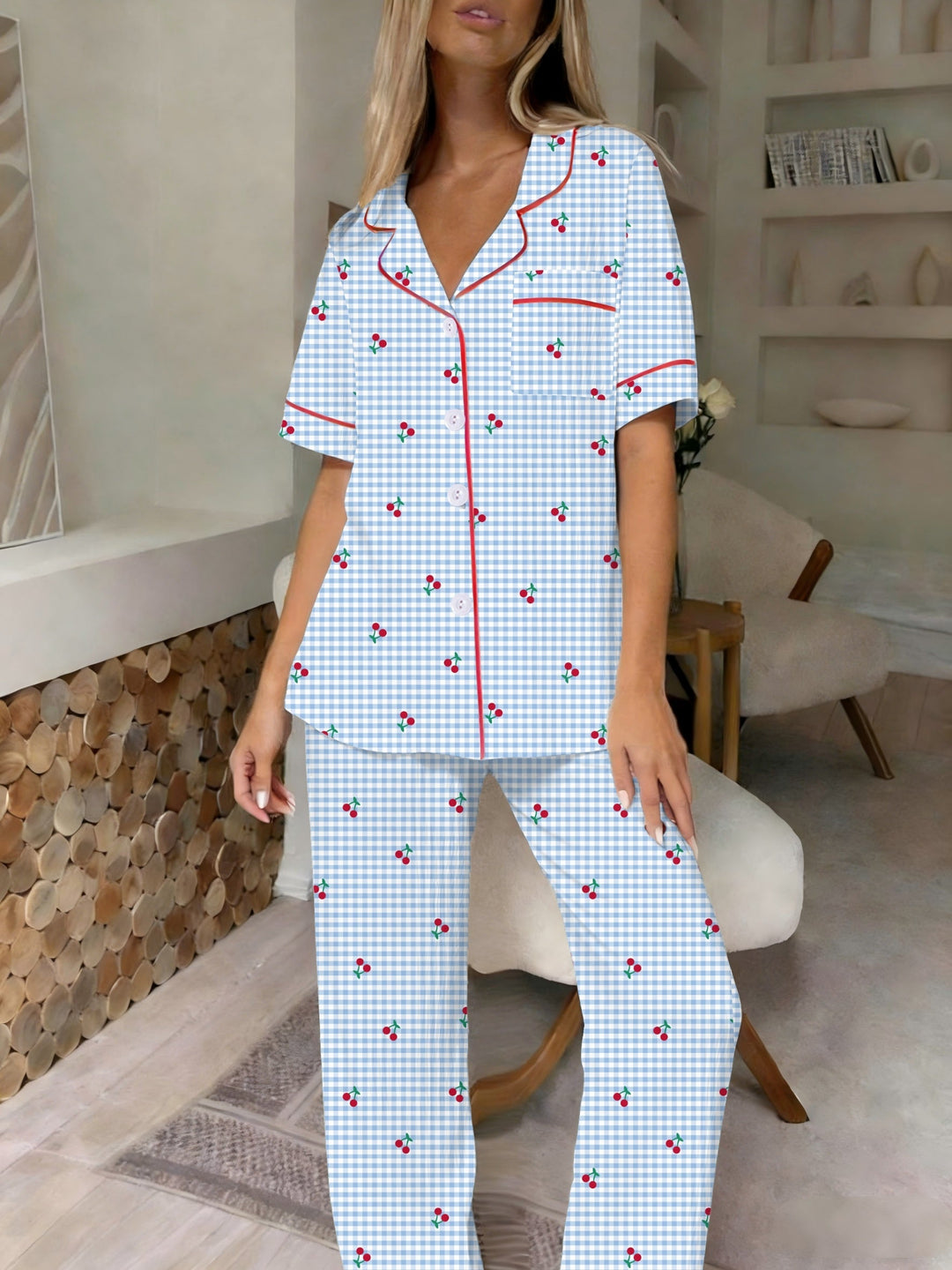 Comfortable Cherry Gingham Pajama Set for Women with Notch Collar Short Sleeve Button Front Relaxed Style