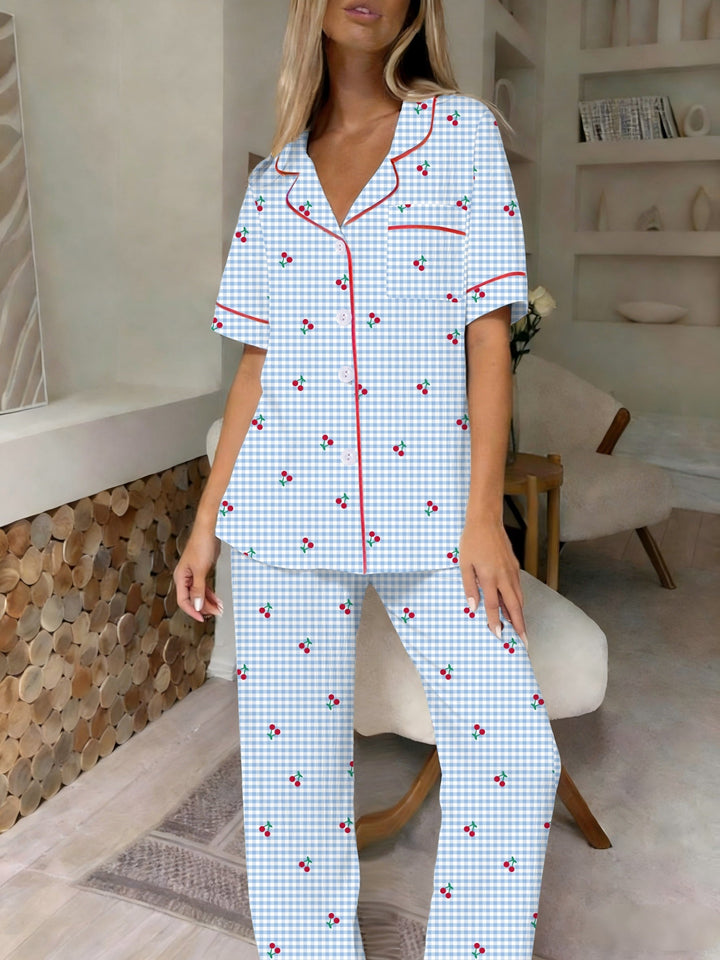 Comfortable Cherry Gingham Pajama Set for Women with Notch Collar Short Sleeve Button Front Relaxed Style