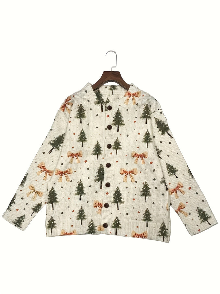 Comfortable Bow Print Christmas Sweater for Women with V Neck Long Sleeve Button Front Relaxed Knit Style