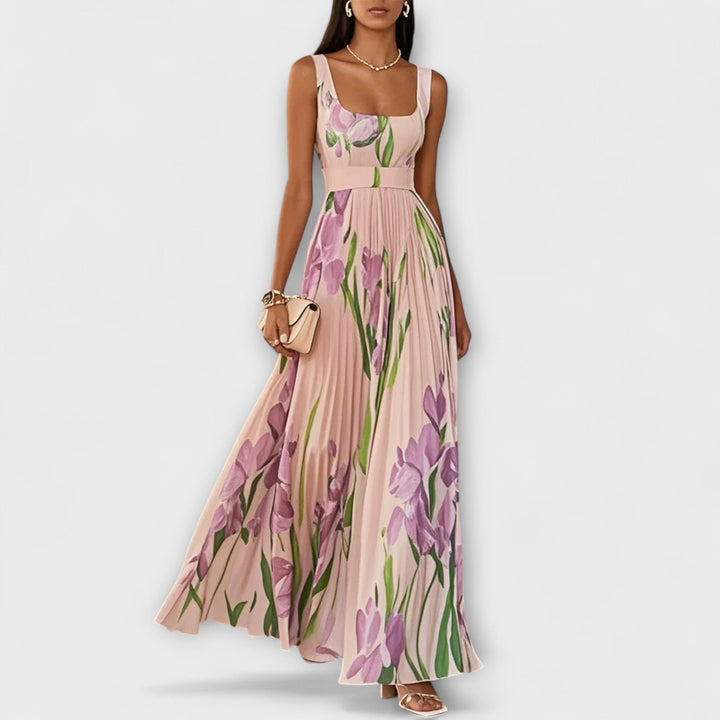 Vestito lungo in chiffon floreale drappeggiato