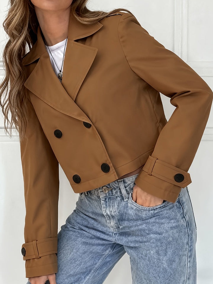 Elegant Brown Cropped Pea Coat for Women with Notched Lapel Long Sleeve Double Breasted Casual Style